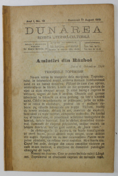 DUNAREA , REVISTA LITERARA - CULTURALA , NR. 13 , 1919