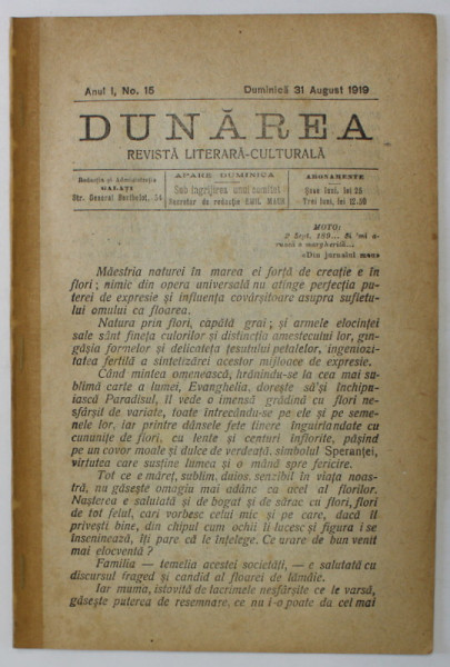 DUNAREA , REVISTA LITERARA - CULTURALA , NR. 15 , 1919