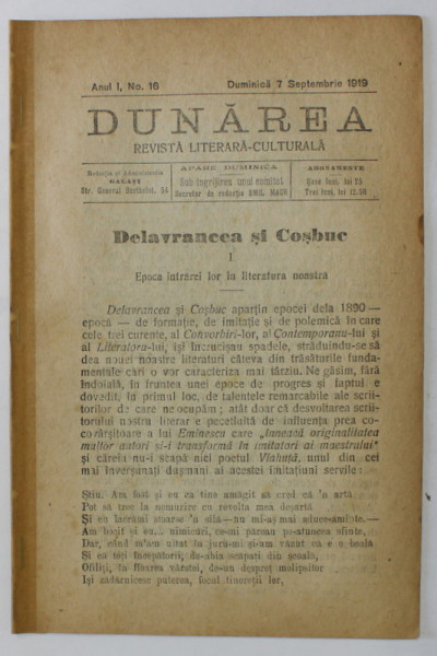 DUNAREA , REVISTA LITERARA - CULTURALA , NR. 16 , 1919