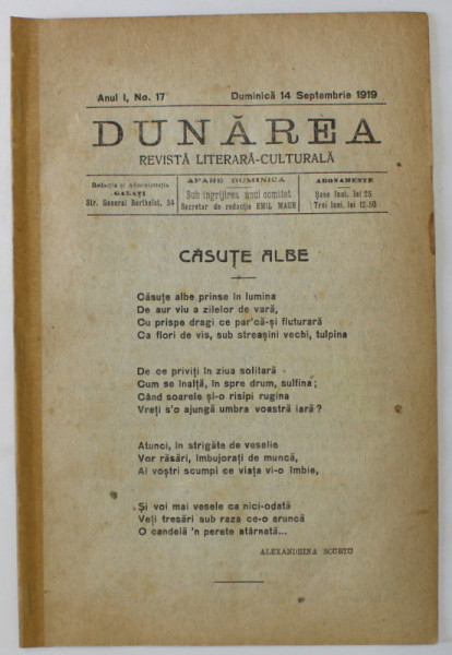 DUNAREA , REVISTA LITERARA - CULTURALA , NR. 17 , 1919