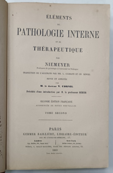 ELEMENTS DE PATHOLOGIE INTERNE ET DE THERAPEUTIQUE par NIEMEYER , TOME SECOND ,