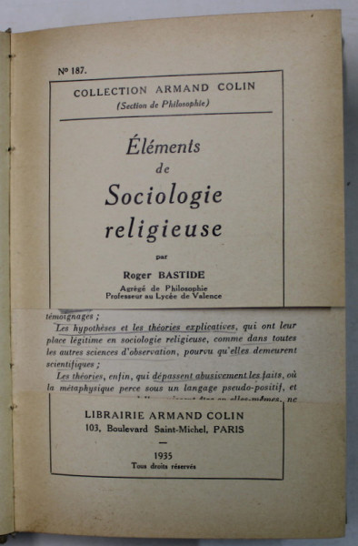 ELEMENTS DE SOCIOLOGIE RELIGIEUSE par ROGER BASTIDE , 1935 , PREZINTA SUBLINIERI *