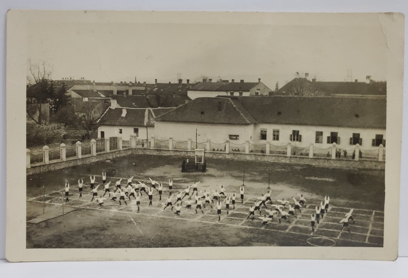 ELEVI FACAND GIMNASTICA IN CURTEA SCOLII , FOTOGRAFIE TIP CARTE POSTALA  , INTERBELICA