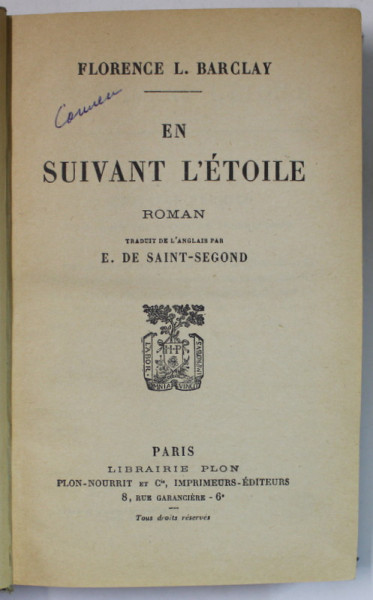 EN SUIVANT L ' ETOILE par FLORENCE L. BARCLAY , 1923