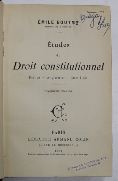 ETUDES DE DROIT CONSTITUTIONNEL par EMIL BOUTMY , 1909