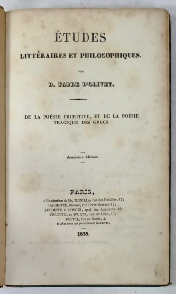 ETUDES LITTERAIRES ET PHILOSOPHIQUES par D. FABRE D' OLIVET , 1835