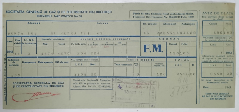 FACTURA PENTRU ENERGIE ELECTRICA , SOCIETATEA  GENERALA DE GAZ SI DE ELECTRICITATE DIN BUCURESTI, 1943