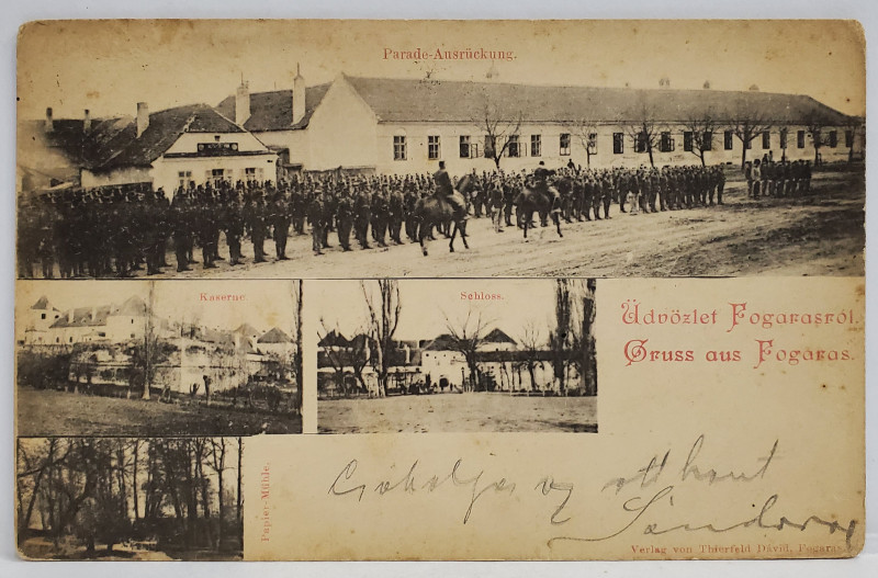 FAGARAS ,1899 PARADA MILITARA , CAZARMA , CASTELUL , MOARA DE HARTIE , CARTE POSTALA ILUSTRATA , MONTAJ CU PATRU FOTOGRAFII , CLASICA