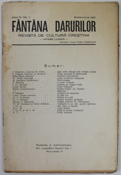 FANTANA DARURILOR , REVISTA DE CULTURA CRESTINA , ANUL III , NR. 7 , SEPTEMBRIE  1931