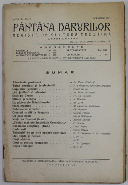 FANTANA DARURILOR , REVISTA DE CULTURA CRESTINA , ANUL III , NR. 9 , NOIEMBRIE   1931