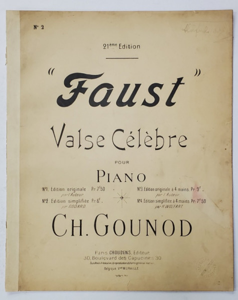 ' FAUST ' , VALSE CELEBRE POUR PIANO  par CH. GOUNOD , CCA. 1900 , PARTITURA