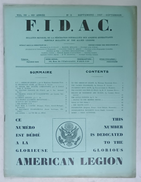 FIDAC , BULLETIN  MENSUEL DE FEDERATION INTERALIEE DES ANCIENS COMBATTANTS ,  NO. 9 , 1927