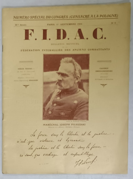 FIDAC BULLETIN MENSUEL DE FEDERATION INTERALIEE DES ANCIENS COMBATTANTS , PE COPERTA MARESALUL JOSEPH PILSUDSKI , NO. 9 , 1926