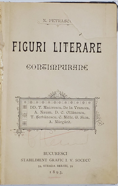 FIGURI LITERARE CONTIMPURANE de N. PETRASCU, 1893