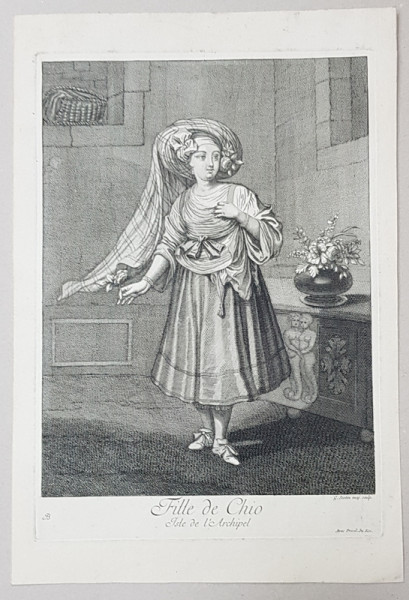 FILLE DE CHIO , ISLE DE L 'ARCHIPEL , TANARA DIN CHIOS , GRAVURA , 1714