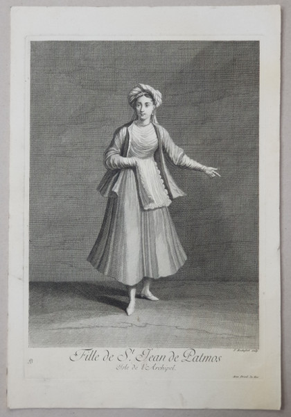 FILLE DE ST . JEAN DE PATMOS , ISLE DE L 'ARCHIPEL par P. ROCHEFORT , TANARA  GRECOAICA DIN INSULA SFANTUL IOAN DE PATMOS , GRAVURA , 1714