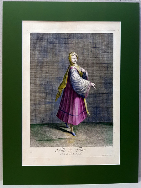 JEAN BAPTISTE VAN MOUR , MARQUIS  CHARLES DE FERRIOL ,FILLE DE TINE, ISLE DE L 'ARCHIPEL par J. DE FRANSSIERES, TANARA GRECOAICA IN COSTUM  TRADITIONAL, GRAVURA COLORATA, 1714