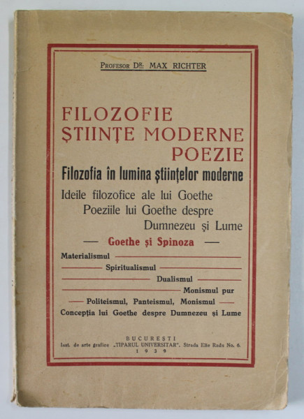 Filozofie, stiinte moderne, poezie, conceptia lui Goethe despre Dumnezeu, Max Richter, Bucuresti 1939