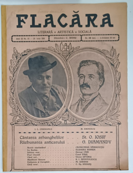 FLACARA LITERARA , ARTISTICA , SOCIALA , PORTRETELE I. L. CARAGIALE SI M. EMINESCU , ANUL III , NO. 37 , 1914
