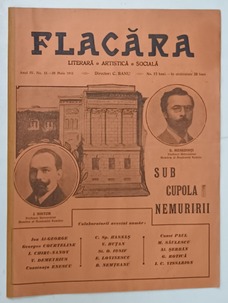 FLACARA , REVISTA LITERARA , ARTISTICA , SOCIALA , SUBIECT : ALEGERILE DE LA ACADEMIA ROMANA - SUB CUPOLA NEMURII     , NR. 33 , 1915
