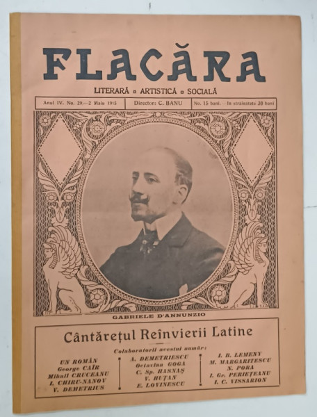 FLACARA , REVISTA LITERARA , ARTISTICA , SOCIALA , SUBIECT : GABRIELLE D 'ANNUNZIO   , NR. 29 , 1915