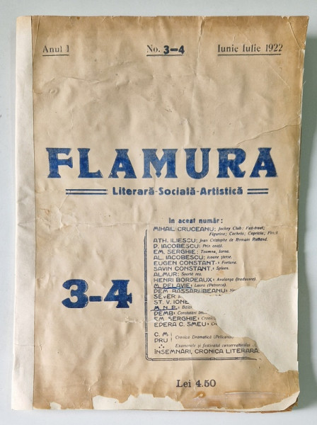 FLAMURA , LITERARA , SOCIALA , ARTISTICA , ANUL I , NR. 3-4 , IUNIE - IULIE , CRAIOVA , 1922