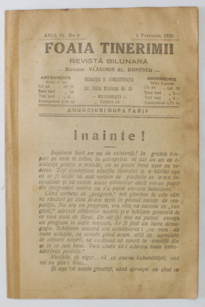 FOAIA TINERIMII , REVISTA BILUNARA , NR. 1 , APARUTA LA BUCURESTI , 1920