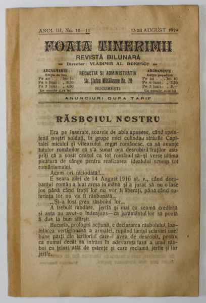 FOAIA TINERIMII , REVISTA BILUNARA , NR. 10-11 , APARUTA LA BUCURESTI , 1919