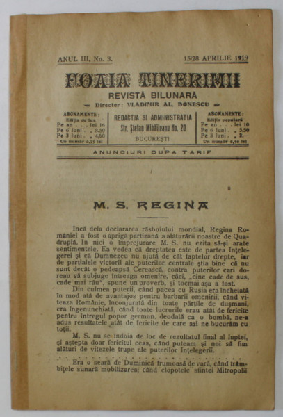 FOAIA TINERIMII , REVISTA BILUNARA , NR. 3 , APARUTA LA BUCURESTI , 1919