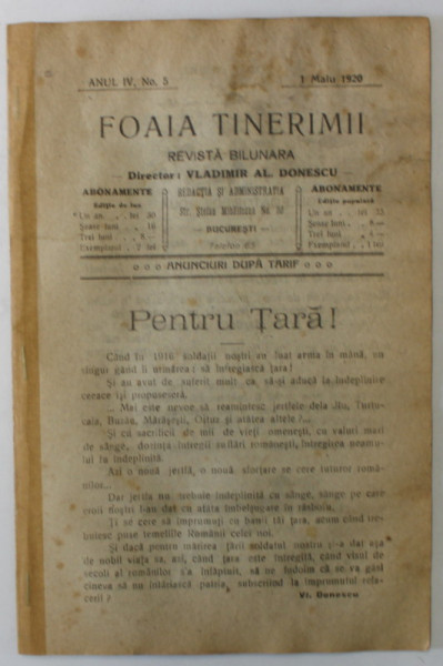 FOAIA TINERIMII , REVISTA BILUNARA , NR. 5 , APARUTA LA BUCURESTI , 1920