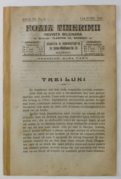 FOAIA TINERIMII , REVISTA BILUNARA , NR. 6 , APARUTA LA BUCURESTI , 1919