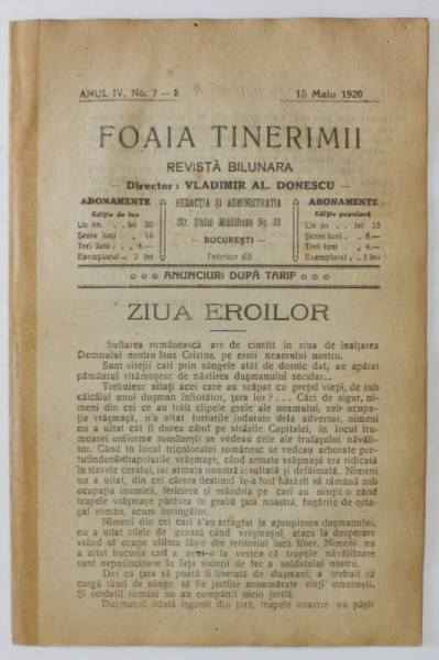 FOAIA TINERIMII , REVISTA BILUNARA , NR. 7-8 , APARUTA LA BUCURESTI , 1920