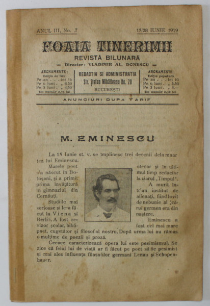 FOAIA TINERIMII , REVISTA BILUNARA , NR. 7 , APARUTA LA BUCURESTI , 1919