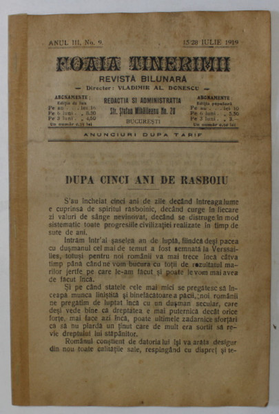 FOAIA TINERIMII , REVISTA BILUNARA , NR. 9 , APARUTA LA BUCURESTI , 1919