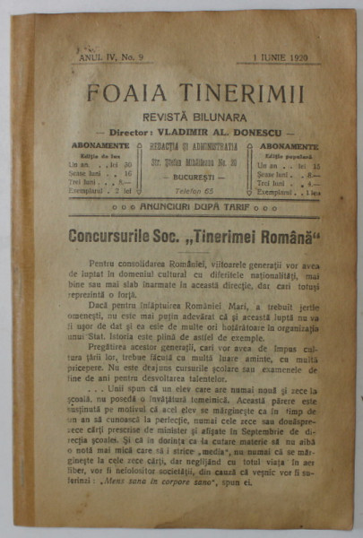 FOAIA TINERIMII , REVISTA BILUNARA , NR. 9 , APARUTA LA BUCURESTI , 1920