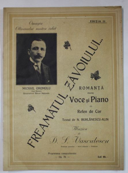 FREAMATUL ZAVOIULUI , ROMANTA PENTRU VOCE SI PIAN , TEXT de N. BURLANESCU - ALIN , MUZICA de D.S. VASCULESCU , 1923, PARTITURA