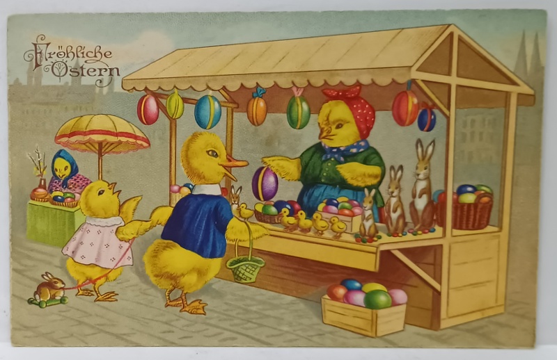 FROHLICHE OSTERN , FELICITARE DE PASTE CU PUI DE RATA VANZAND OUA VOPSITE LA TARABA , CARTE POSTALA , INTERBELICA