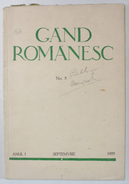 GAND ROMANESC , REVISTA DE CULTURA EDITATA DE ' ASTRA ' , ANUL I , No. 5 ,  SEPTEMBRIE , 1933