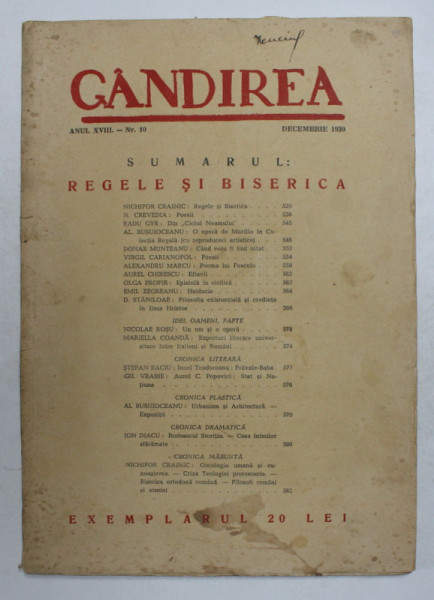 GANDIREA - REVISTA , SUMARUL -  REGELE SI BISERICA  , ANUL XVIII , NR. 10 , DECEMBRIE , 1939