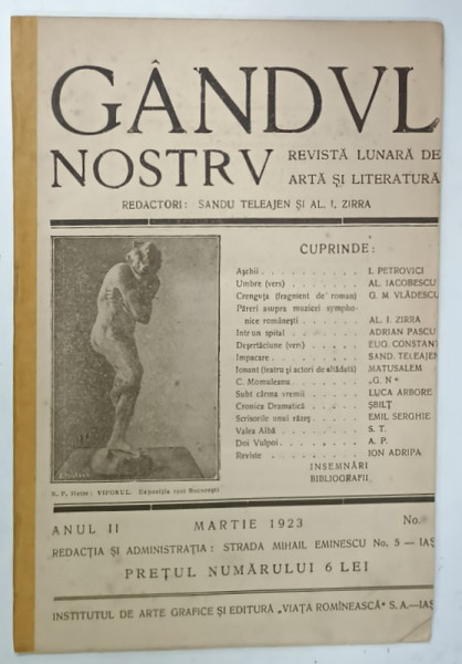 GANDUL NOSTRU , REVISTA LUNARA DE ARTA SI LITERATURA , NR. 1 , 1923