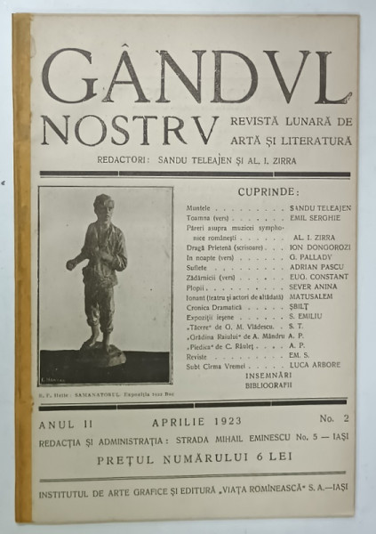 GANDUL NOSTRU , REVISTA LUNARA DE ARTA SI LITERATURA , NR. 2 , 1923