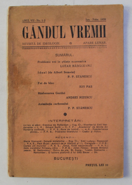 GANDUL VREMII - REVISTA DE CULTURA , ANUL VII , NO. 1- 2  , IANUARIE - FEBR ., 1939