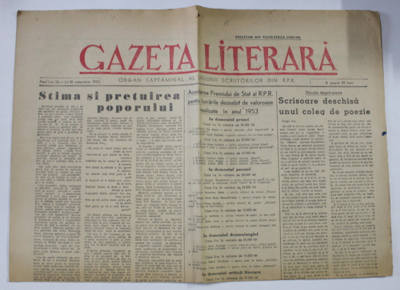 GAZETA LITERARA , ORGAN SAPTAMANAL AL UNIUNII SCRIITORILOR DIN R.P. R. , ANUL I , NR. 36 , NOIEMBRIE 1954