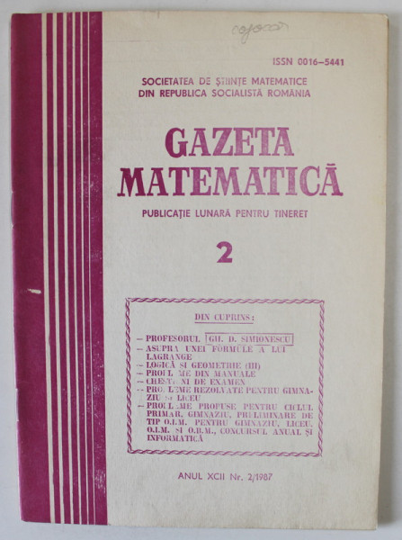 GAZETA MATEMATICA , PUBLICATIE LUNARA PENTRU TINERET , NR. 2 , 1987