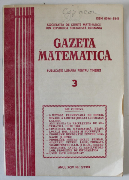 GAZETA MATEMATICA , PUBLICATIE LUNARA PENTRU TINERET , NR. 3 , 1989
