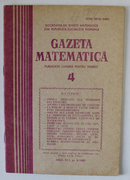 GAZETA MATEMATICA , PUBLICATIE LUNARA PENTRU TINERET , NR. 4 , 1987