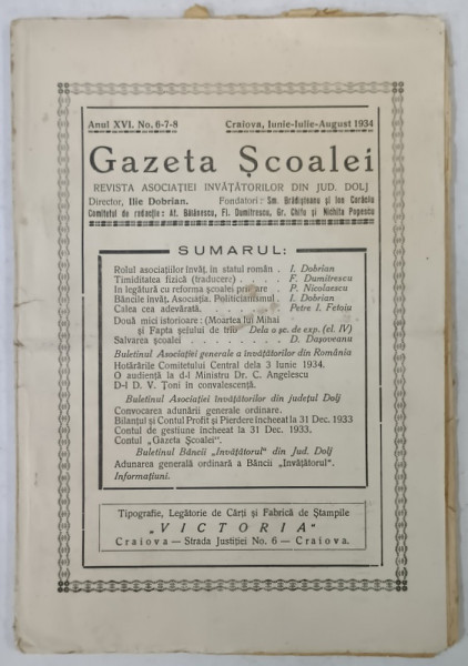 GAZETA SCOALEI , REVISTA ASOCIATIEI INVATATORILOR DIN JUD. DOLJ , NR. 6-7-8 , 1934