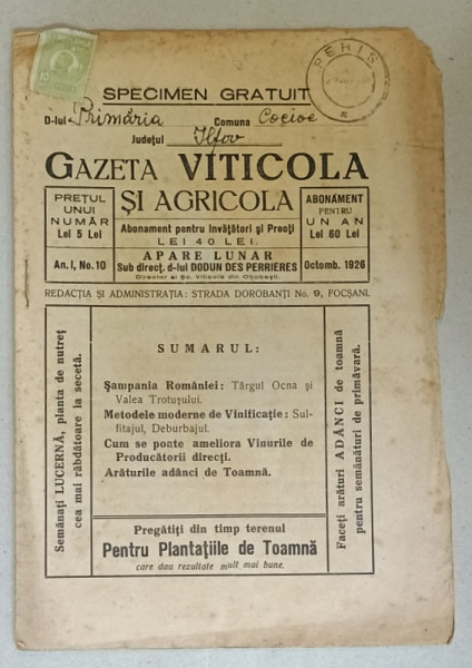 GAZETA  VITICOLA SI AGRICOLA , AN I , NR. 10 , 1926