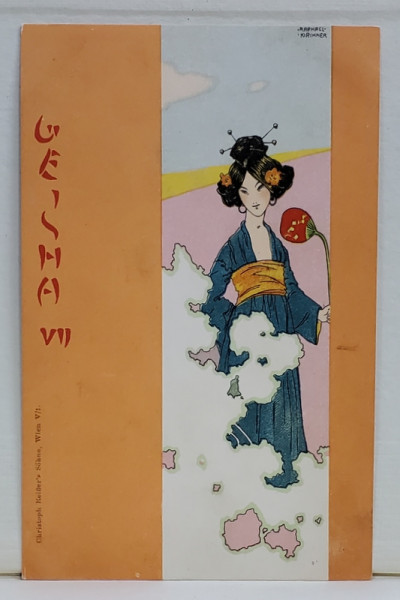 GEISHA CU FLOARE ROSIE , CARTE POSTALA ILUSTRATA , CROMOLITOGRAFIE , CLASICA