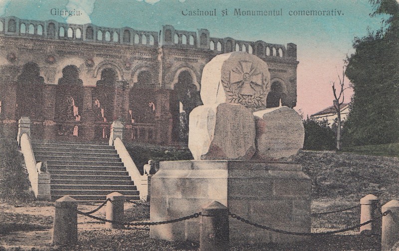 GIURGIU - CASINOUL SI MONUMENTUL COMEMORATIV , CARTE POSTALA ILUSTRATA , POLICROMA, CIRCULATA , DATATA 1911